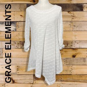 GRACE ELEMENTS Hollowed Out White Asymmetrical Blouse, 3/4 Sleeves, Size S
